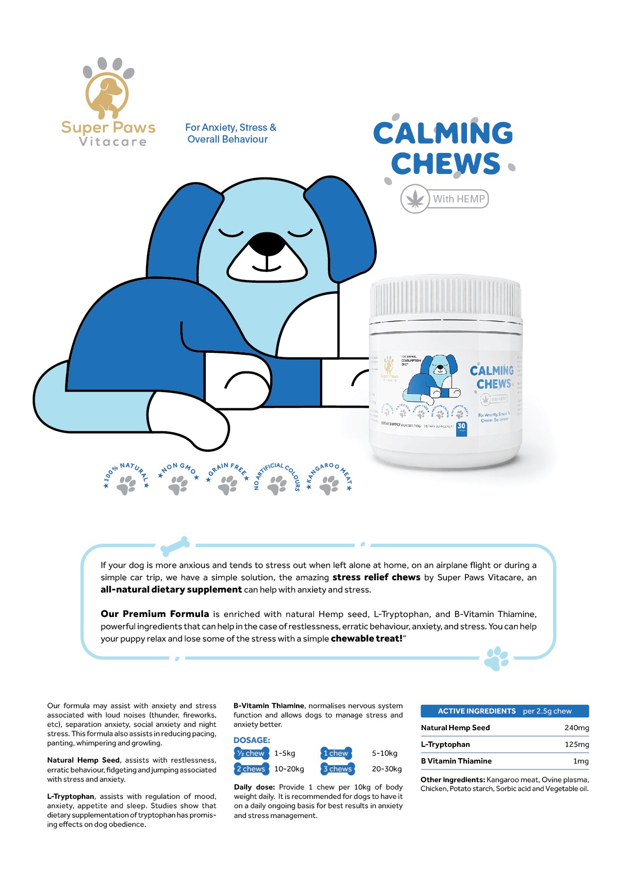 Stress & Anxiety Relief Chews with Hemp for Dogs by Super Paws Vitacare - Super Paws Vitacare