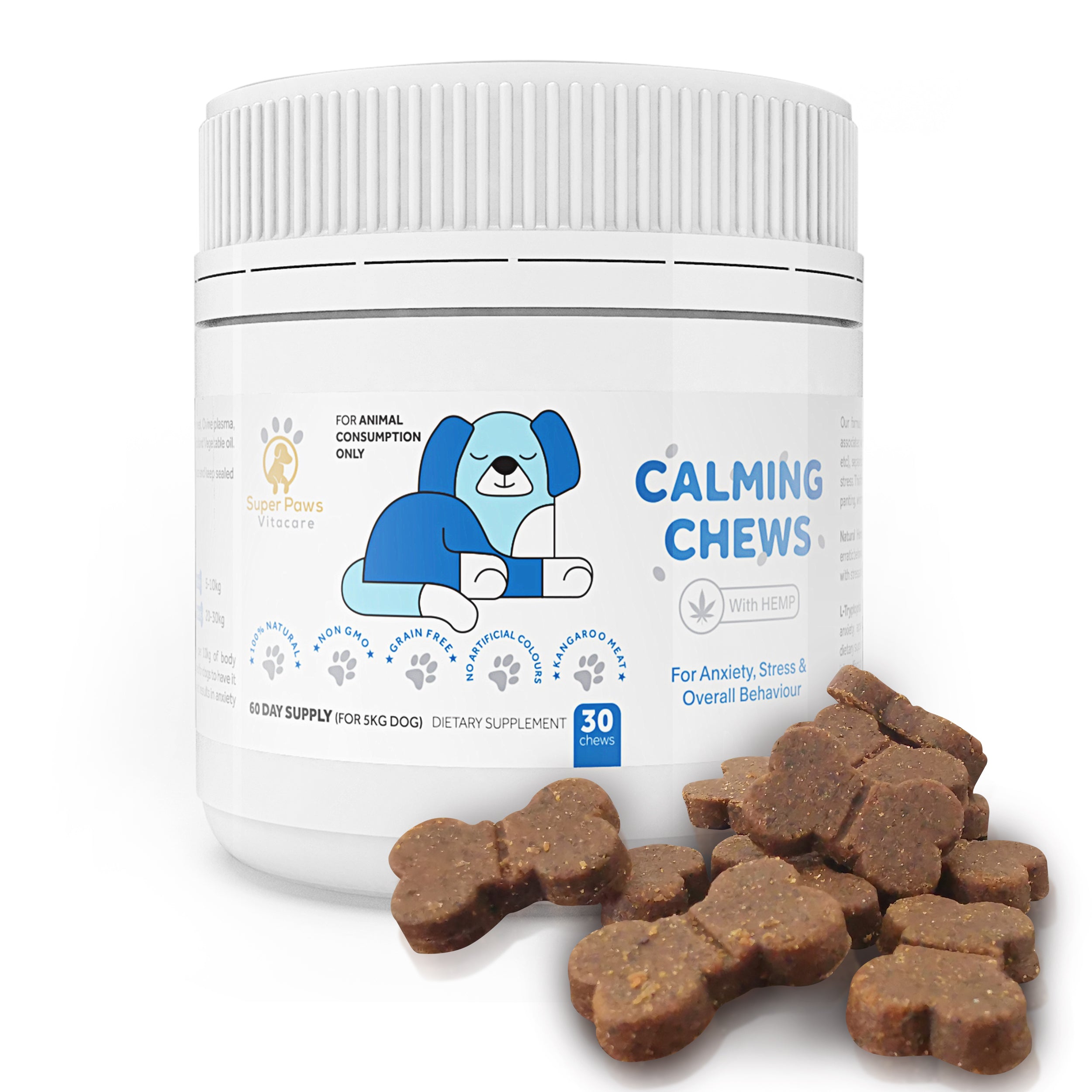 Stress Anxiety Relief Chews with Hemp for Dogs 30 Chews Pack Super Paws Vitacare