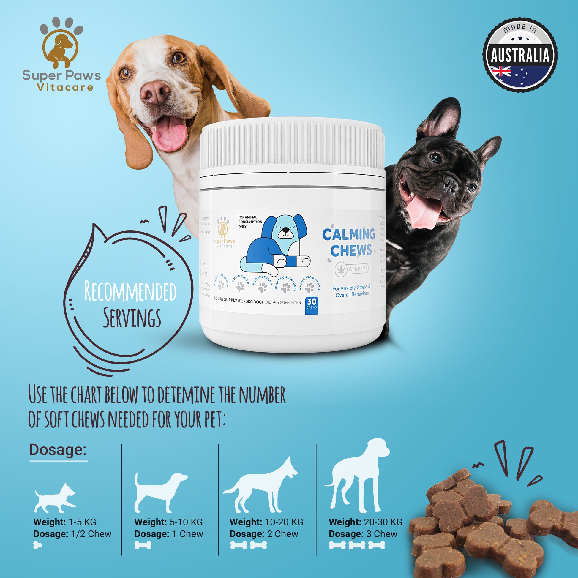 Stress & Anxiety Relief Chews with Hemp for Dogs by Super Paws Vitacare - Super Paws Vitacare